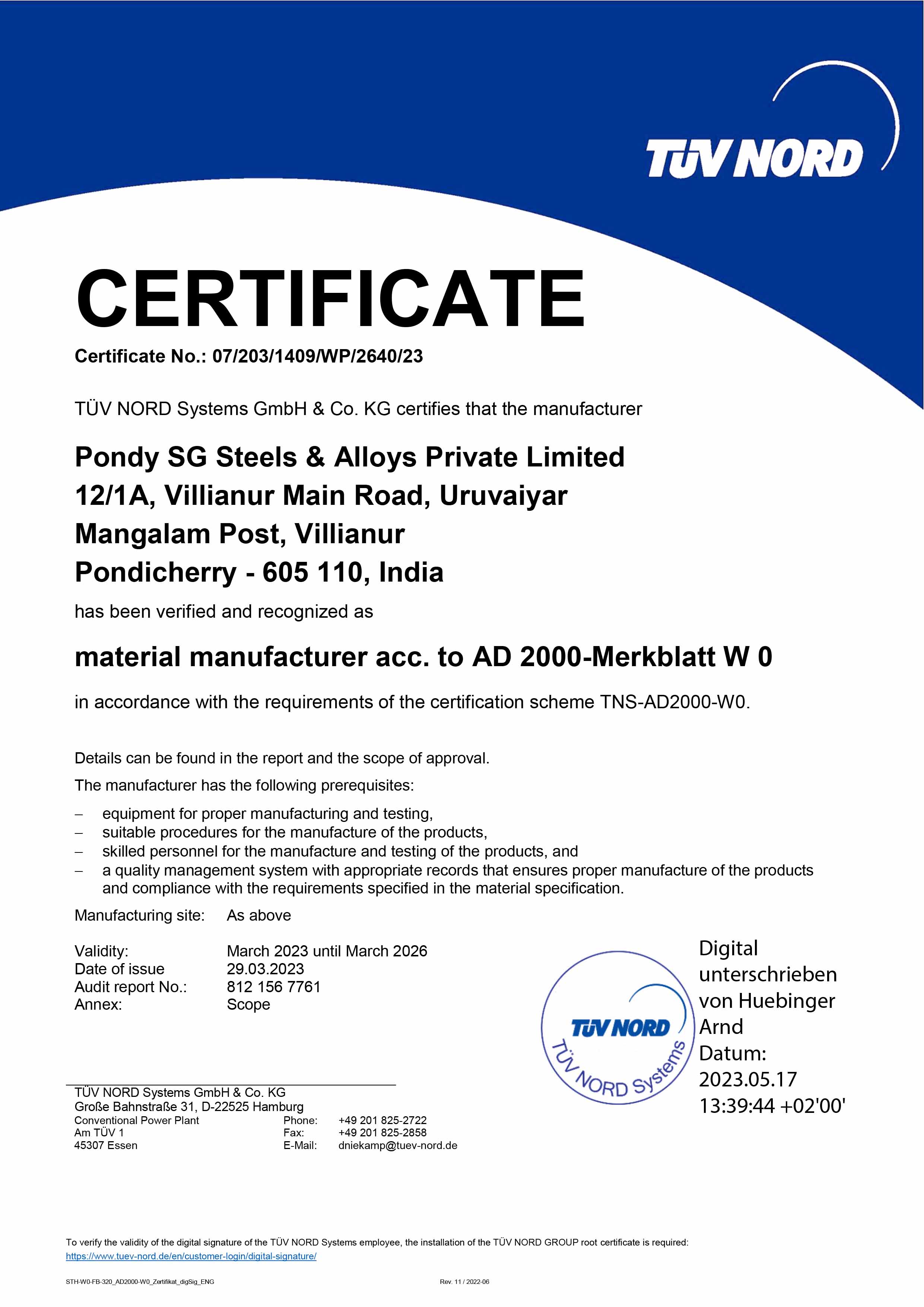 Material Manufacturer acc. to AD 2000-Merkblatt W 0
